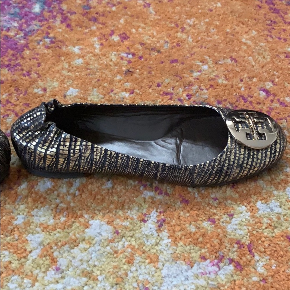 Tory Burch Black and Gold Snake Print Reva Flats - Picture 7 of 8